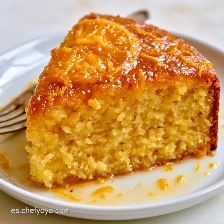 Porción de tarta amarilla vibrante en plato blanco, con textura húmeda y un glaseado brillante que gotea lentamente.