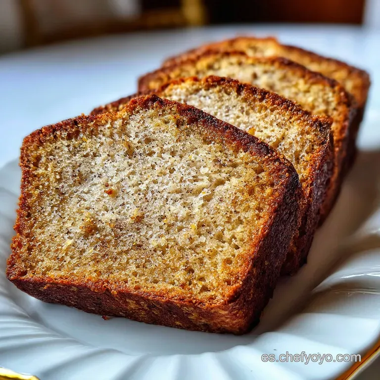 Thick slice of moist banana bread on a white plate. Streaks of caramel and banana with a light dusting of flour.