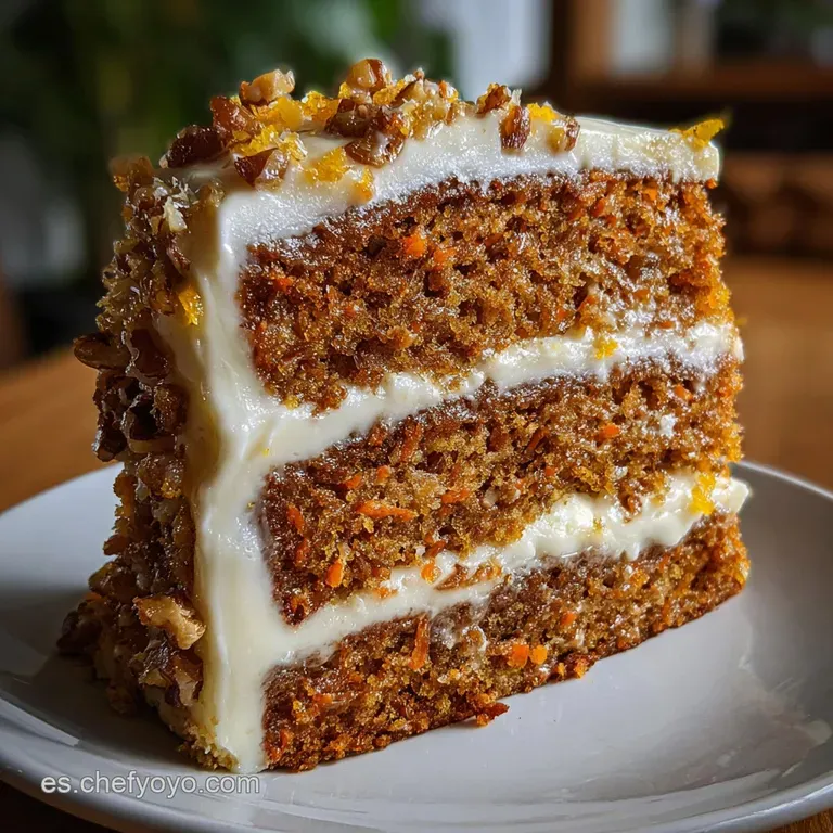 Slice of carrot cake on a plate, the swirl of frosting and chopped nuts creating an inviting, textured contrast.