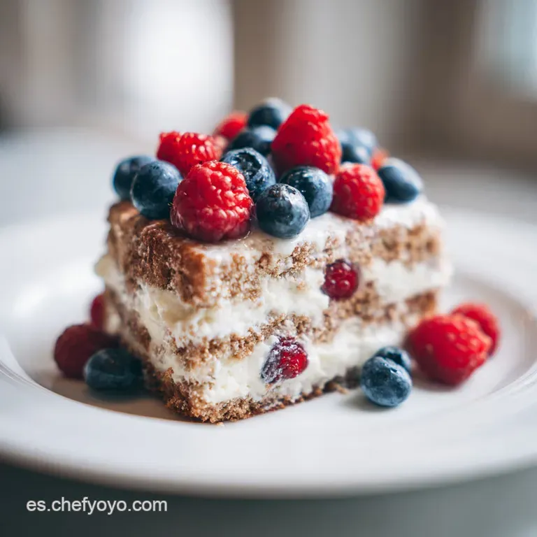 Slice of light brown cake on a white plate, dusted with powdered sugar; warm, inviting, with airy texture visible.