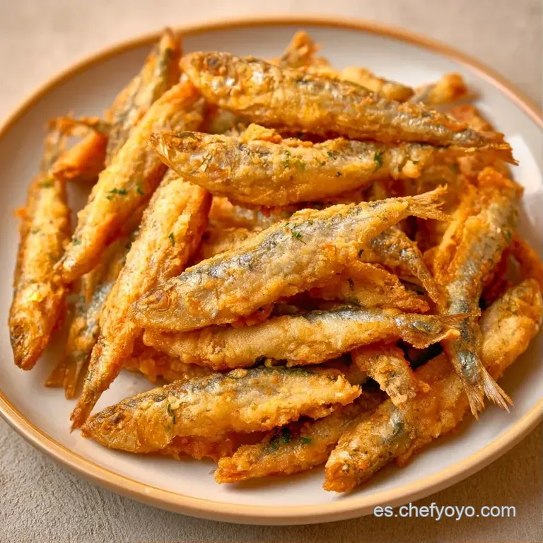 Filetes de pescado crujientes y dorados dispuestos en círculo, adornados con perejil fresco y gotas de aceite brillante.