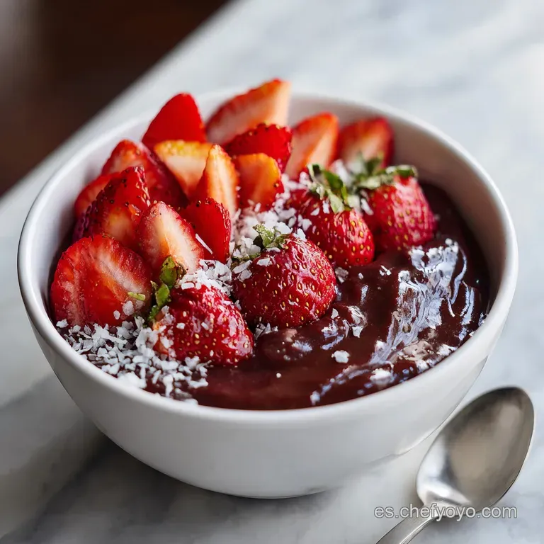A&ccedil;a&iacute; smoothie bowl artfully arranged; bright berries, toasted granola and chia seeds cascade over the deep purple base.