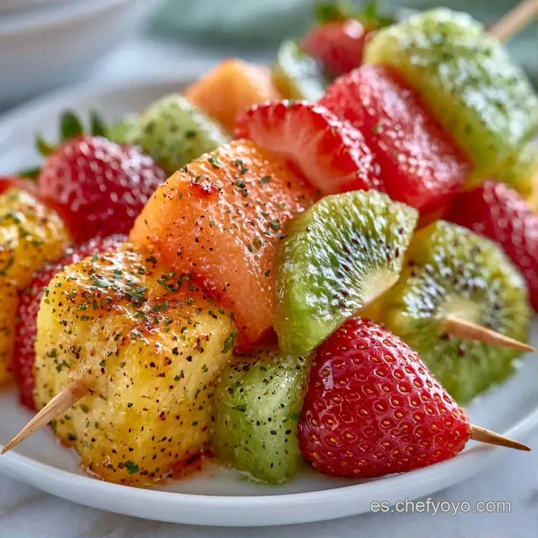 Brochetas alineadas con frutas frescas y coloridas, decoradas con hojas de menta verde sobre una tabla de madera clara.