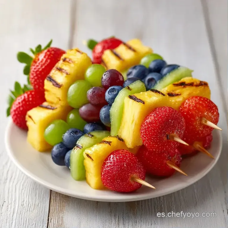 Brochetas de frutas frescas dispuestas en plato blanco con hojas de menta verde y gotas de alm&iacute;bar brillante y dulce.