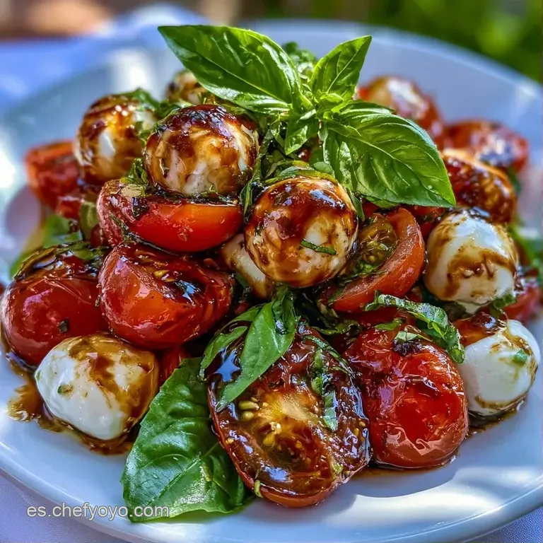 Brochetas alineadas en plato blanco con hilos de reducción de balsámico oscuro y gotas de aceite de oliva relucientes.