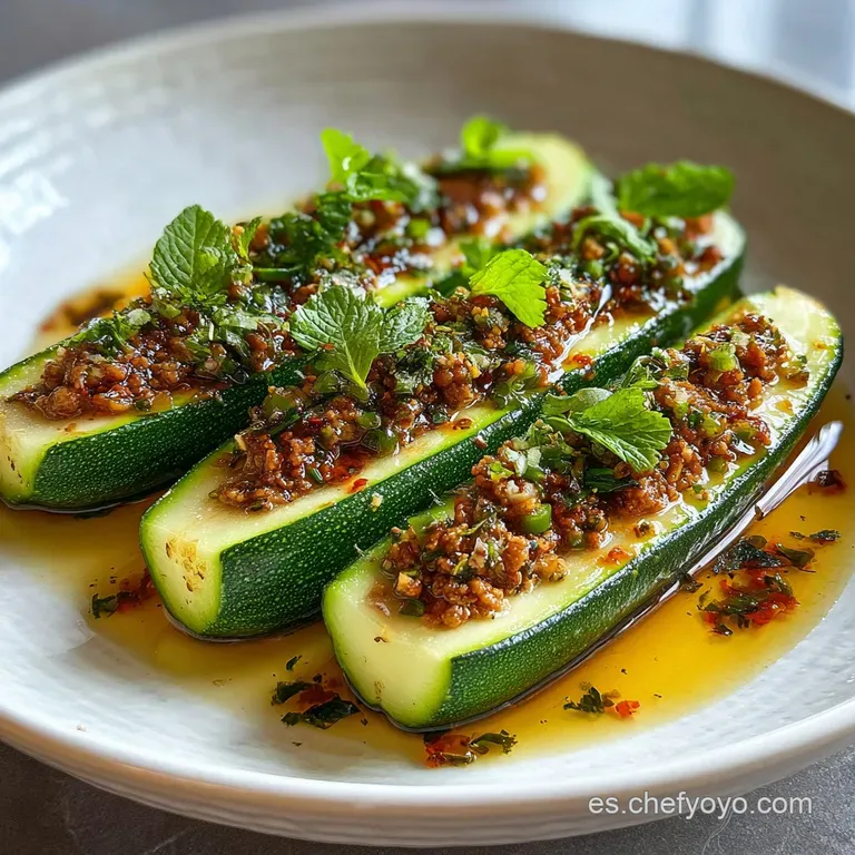 Stuffed zucchini presented on a white plate, glistening with olive oil. Garnished with fresh herbs for a vibrant, appetizi...