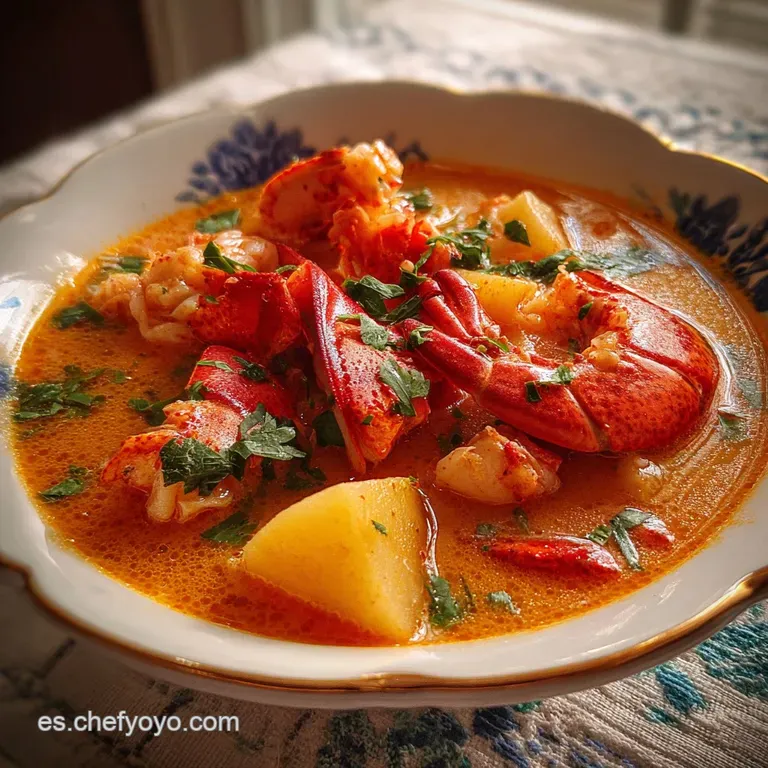 Elegant plate of lobster caldereta. Flaky lobster meat contrasts with the creamy, intensely flavored tomato-based sauce an...