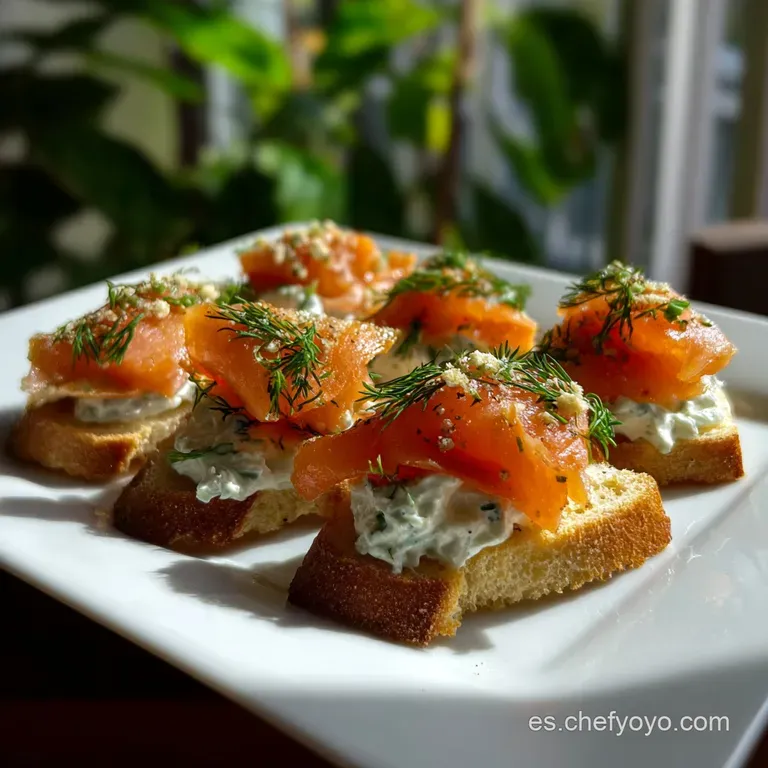 Elegant plate showcasing delicate salmon canap&eacute;s. Silky salmon, vibrant green dill, and golden crackers create a sophistic...