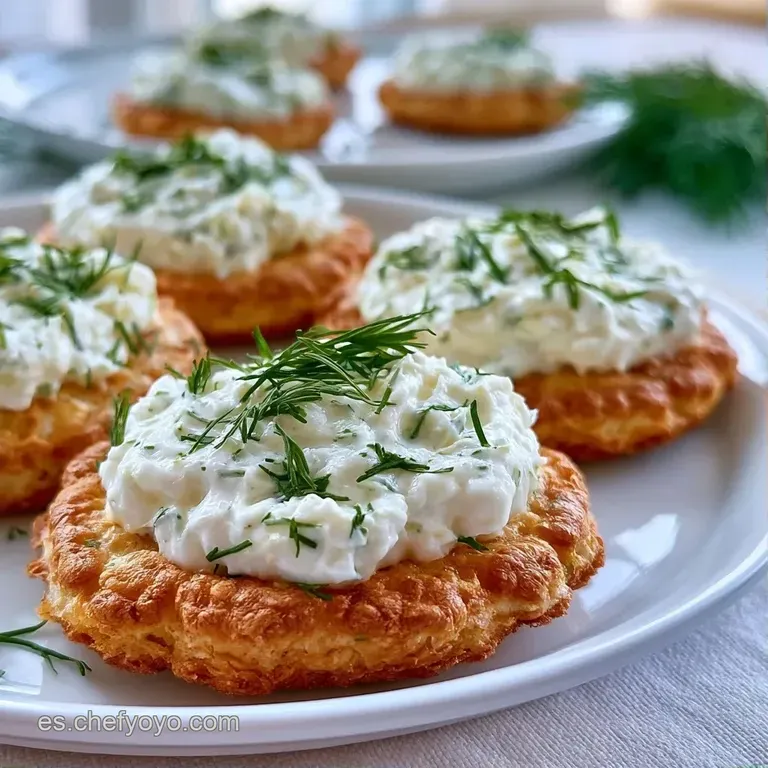 Canap&eacute;s alineados en plato blanco, con hojas verdes frescas y gotas de salsa roja sobre una base crujiente y clara.