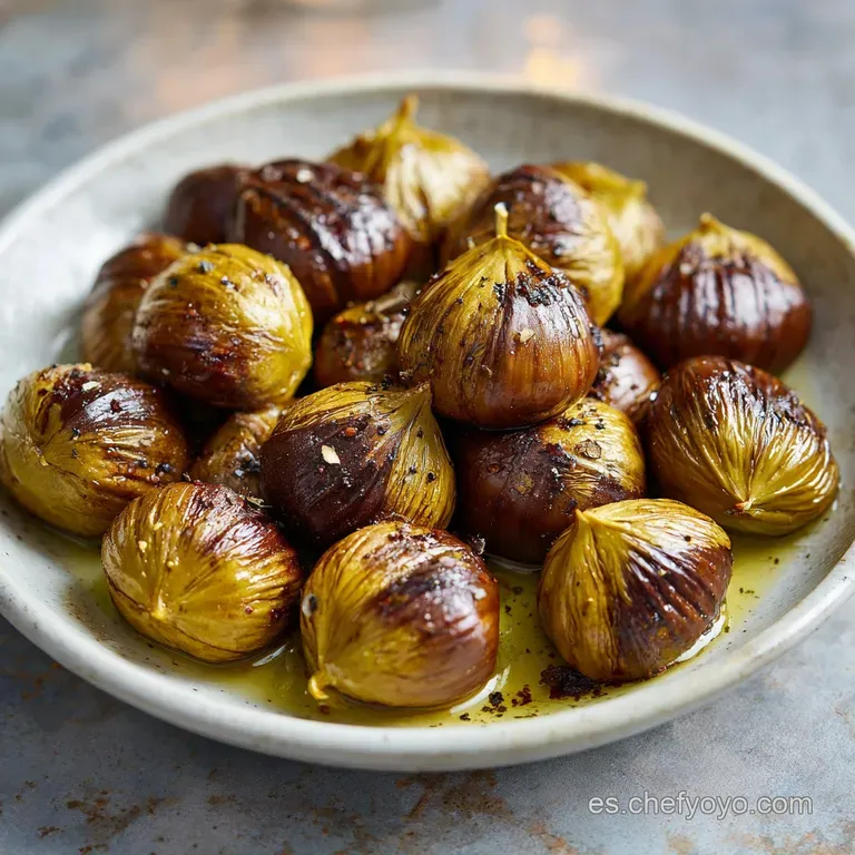 Pile of glistening, dark brown roasted chestnuts overflowing from a small paper bag. Suggests warmth and comforting autumn...