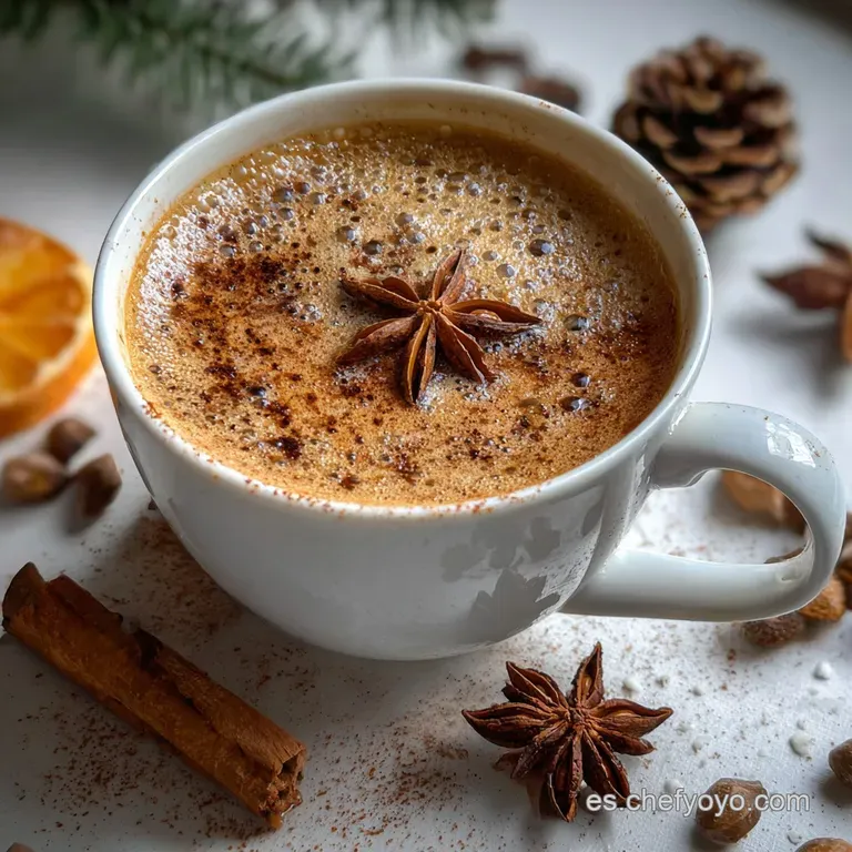 Festive Christmas coffee in glass mugs. Frothy cream swirls with spice dust, garnished with star anise on a snowy backdrop.