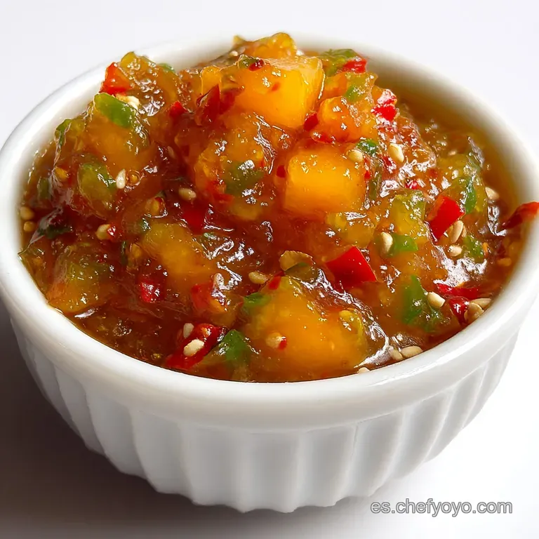 A spoonful of chunky mango chutney cascades from a spoon, showcasing the vibrant yellow and orange hues and visible spice ...