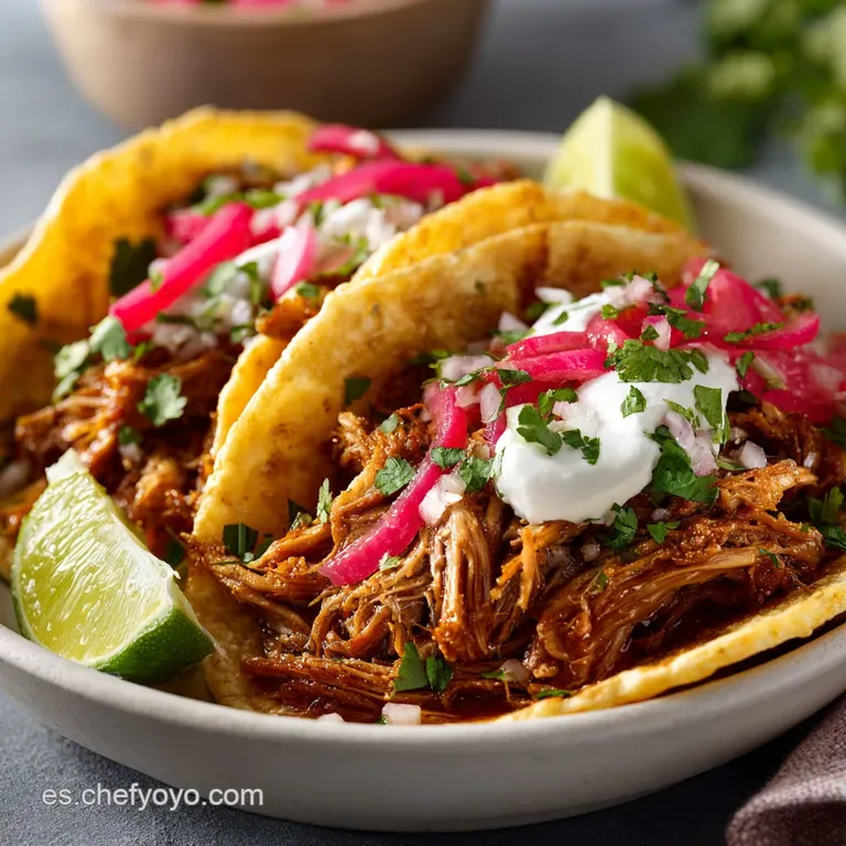 Close-up of cochinita pibil on a warm corn tortilla. Juicy pork glistens with rich spices, topped with bright purple onions.