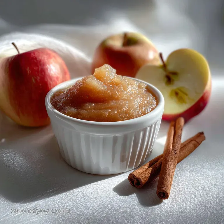 Elegant ramekin filled with smooth applesauce, topped with a cinnamon stick and star anise. Steamy, autumnal hues, invitin...