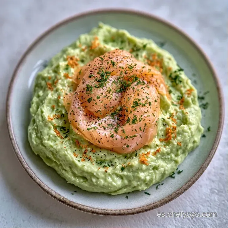 Plato blanco con un círculo de crema verde suave, salmón rosado enrollado y pequeños brotes verdes frescos.