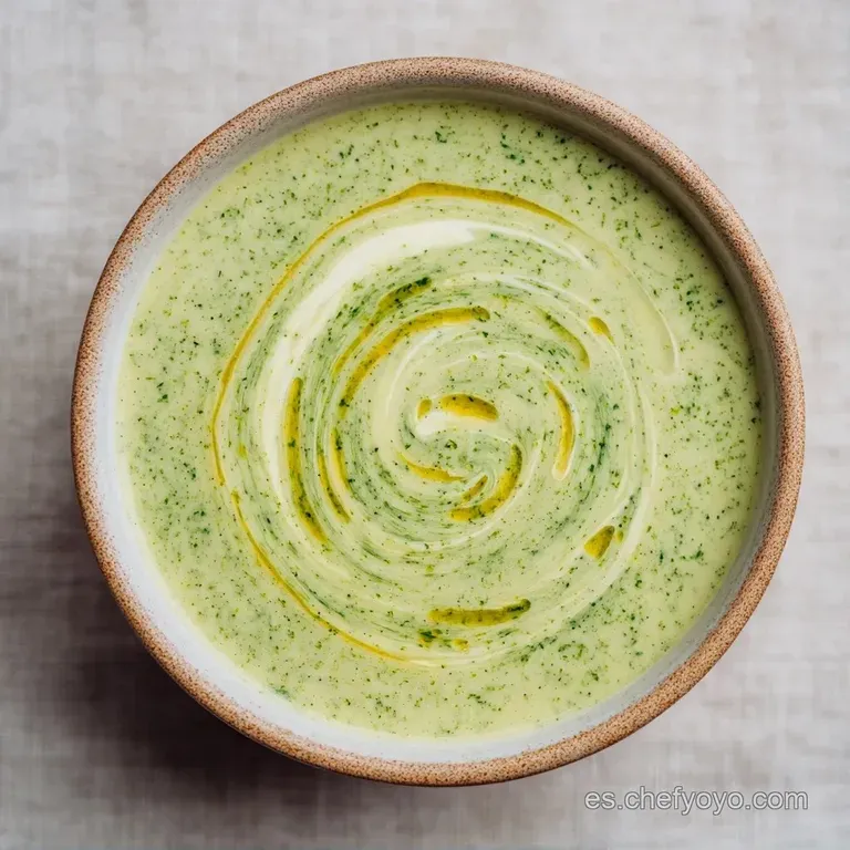 Cuenco de cer&aacute;mica blanca con crema verde suave, un hilo de aceite dorado y brotes frescos sobre fondo neutro.