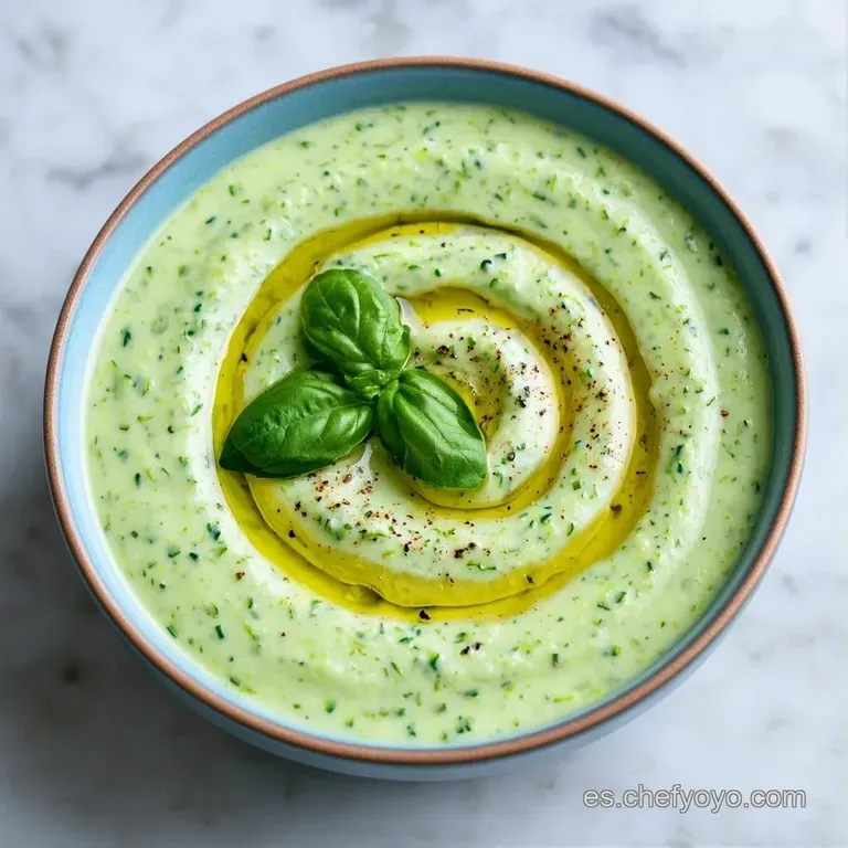 Sopa espesa de color verde suave servida en plato hondo, adornada con semillas tostadas y una rama de perejil fresco.