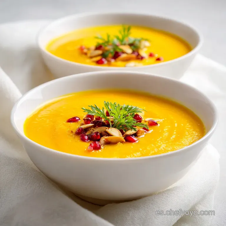 Elegant presentation of pumpkin soup in a shallow bowl. Garnished with a delicate swirl of cream and vibrant green herbs.