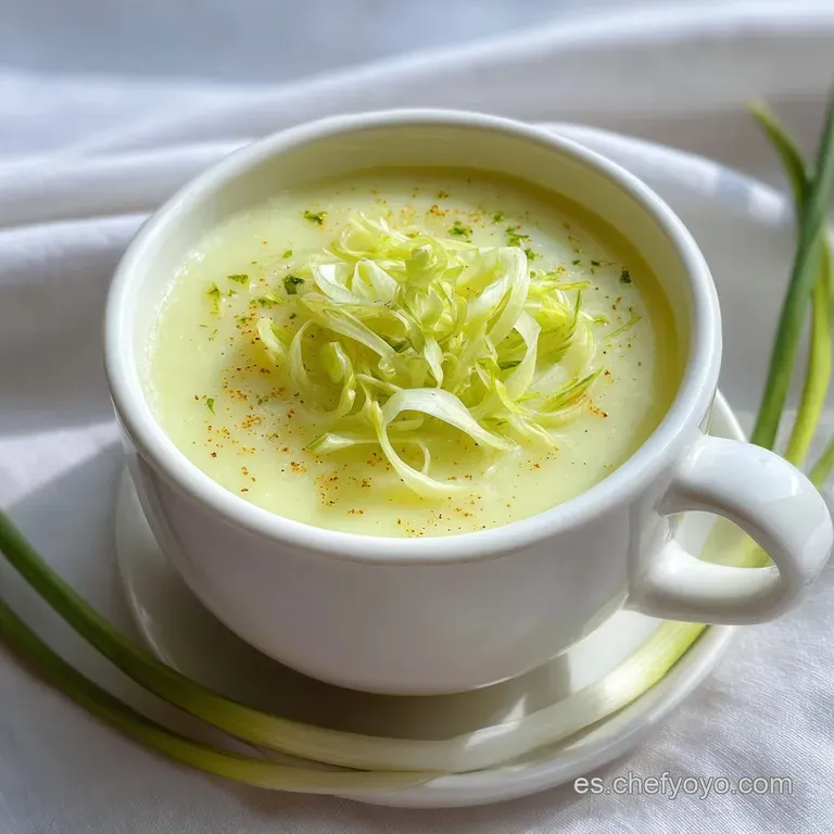Elegant swirl of creamy leek soup garnished with bright green chives and a drizzle of golden olive oil in a shallow white ...