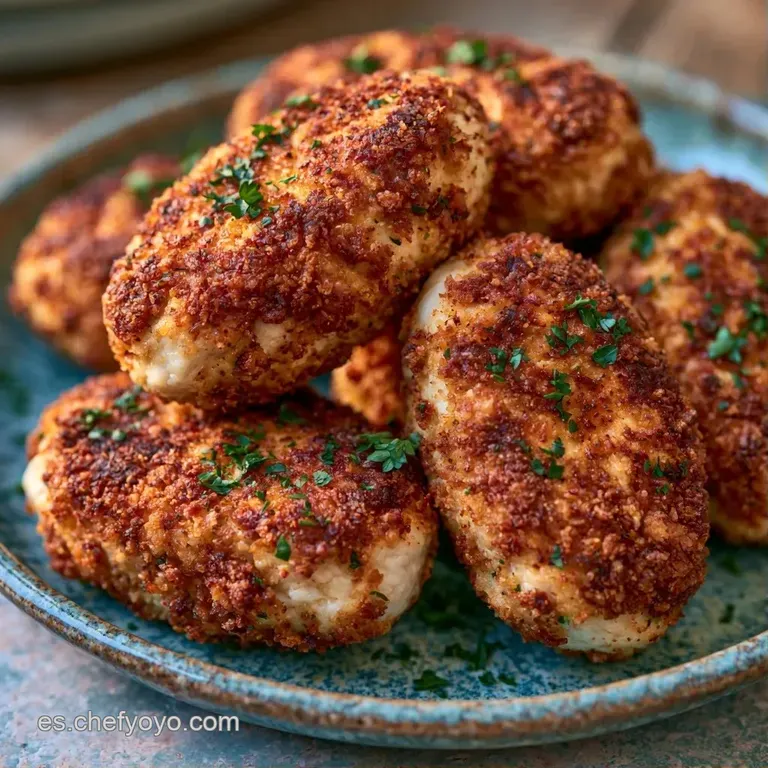 Tres piezas orbe doradas alineadas con elegancia, junto a un cuenco de salsa cremosa y una pizca de perejil picado.