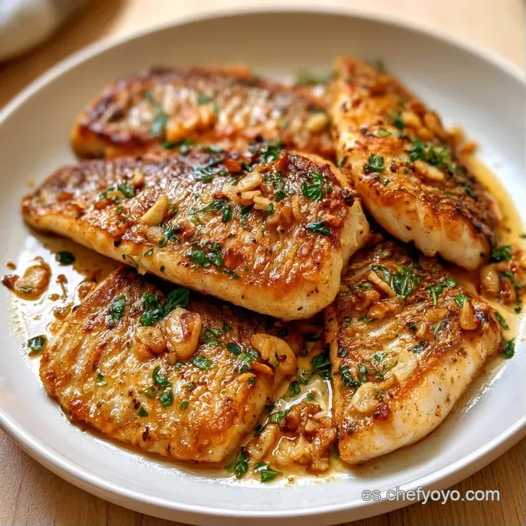 Filete de pescado dorado sobre plato blanco, adornado con finas rodajas de cítricos y gotas de aceite brillante.
