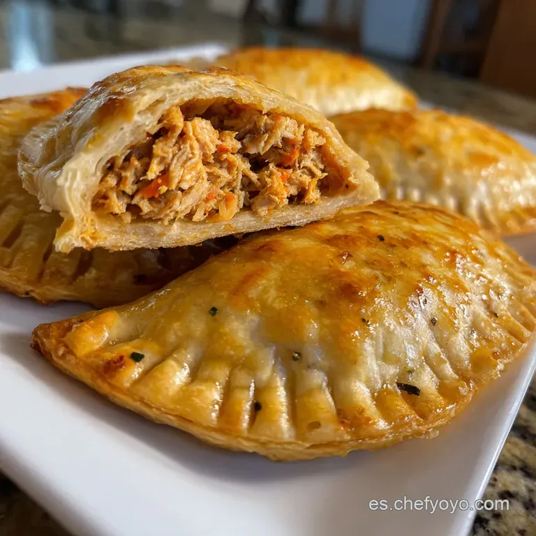 A slice of warm, flaky empanada revealing a savory, moist tuna filling, alongside a vibrant sprig of parsley.
