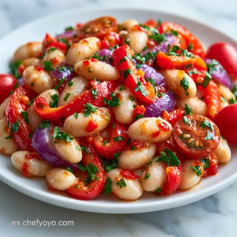 Ensalada de legumbres blancas dispuestas con precisión, adornadas con hojas verdes y gotas de aceite sobre plato blanco.