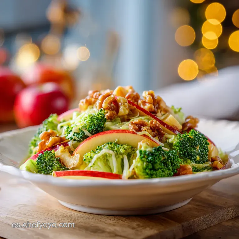 A beautifully arranged salad with bright green broccoli, ruby red apple, and white cheese, artfully plated.