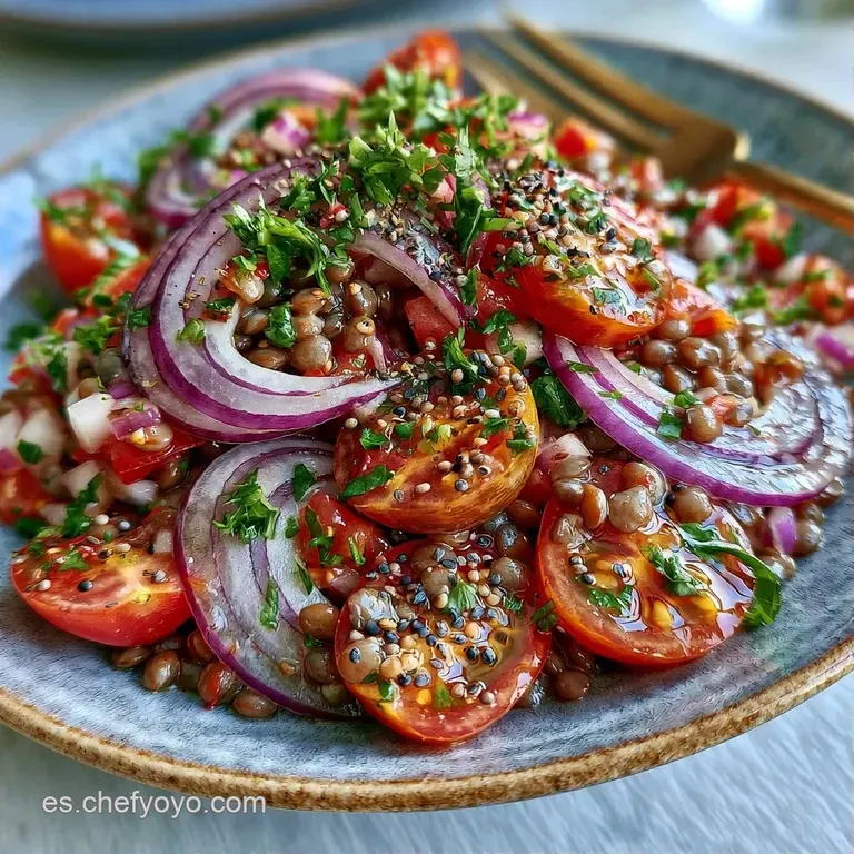 Ensalada vibrante con legumbres, hortalizas frescas y un brillo aceitoso, servida elegantemente en un plato cerámico.
