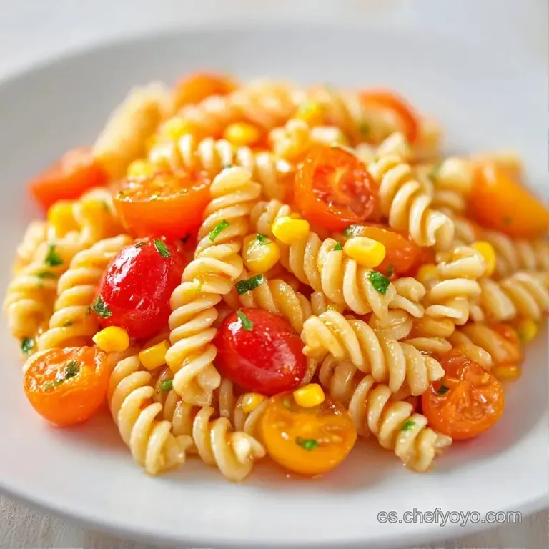 Pasta colorida dispuesta con cuidado en plato cer&aacute;mico, decorada con hojas frescas de albahaca y luz natural suave.
