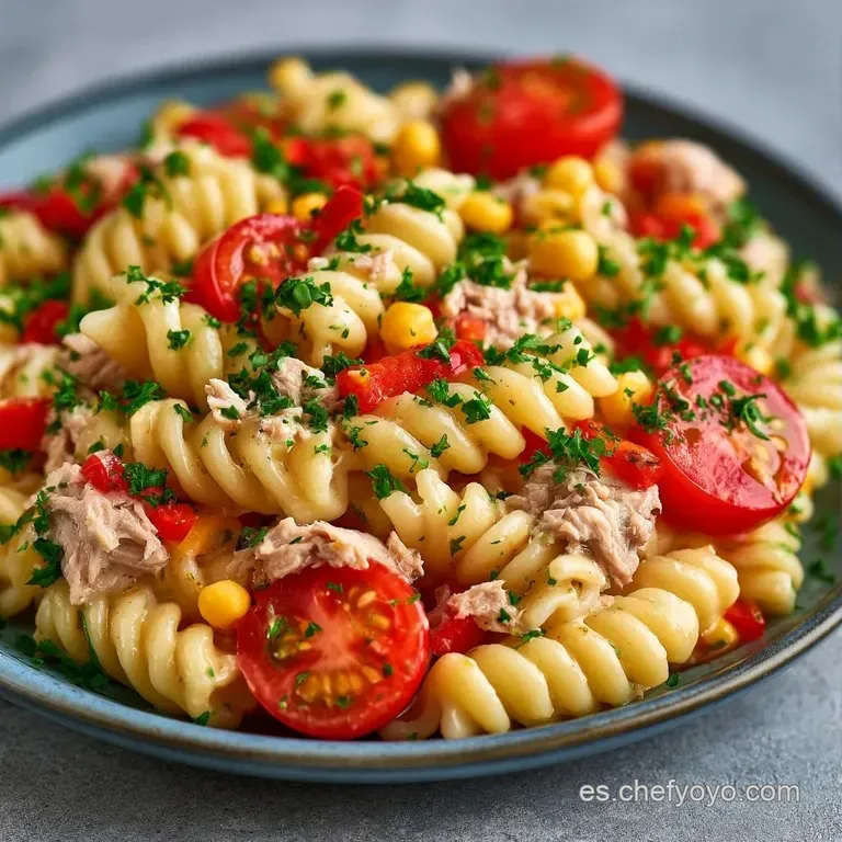 Ensalada colorida servida en bol blanco, adornada con perejil fresco y gotas de aceite brillante sobre la pasta fría.