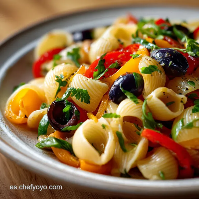 Elegant pasta salad plate with herbs. Shiny, light dressing coats the colorful noodles and fresh chopped vegetables.