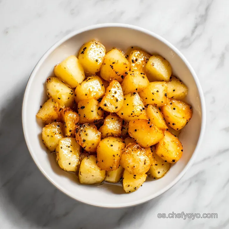 Mont&iacute;culo de patatas suaves ba&ntilde;adas en salsa blanca, decoradas con cebollino picado sobre un plato de cer&aacute;mica gris.