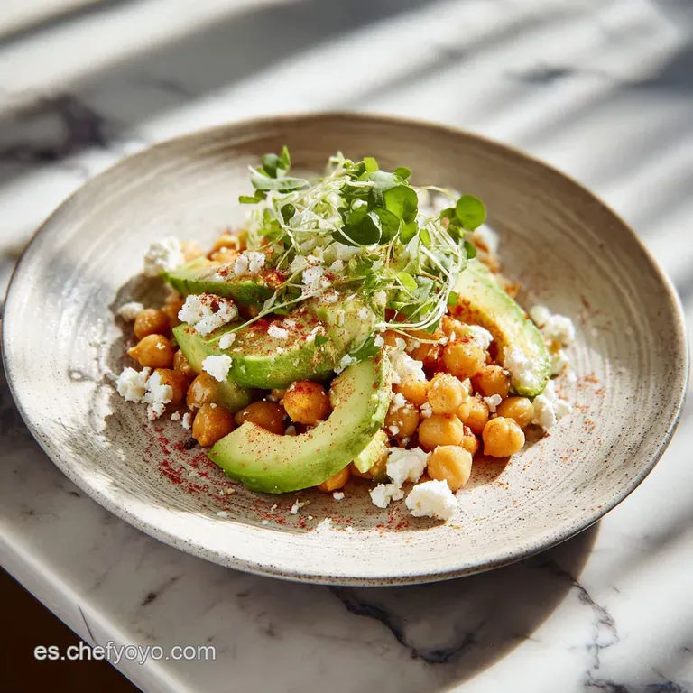 Bright chickpea salad elegantly plated. Feta crumbles, avocado slices, and juicy tomatoes glisten with a light dressing.