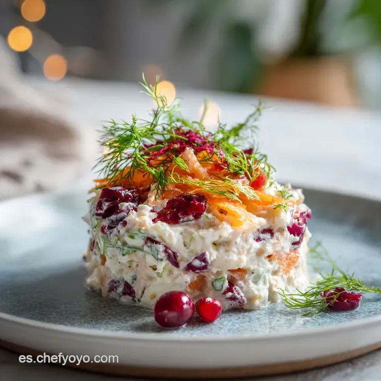 A generous scoop of colorful potato salad artfully arranged in a white serving bowl, garnished with fresh parsley.