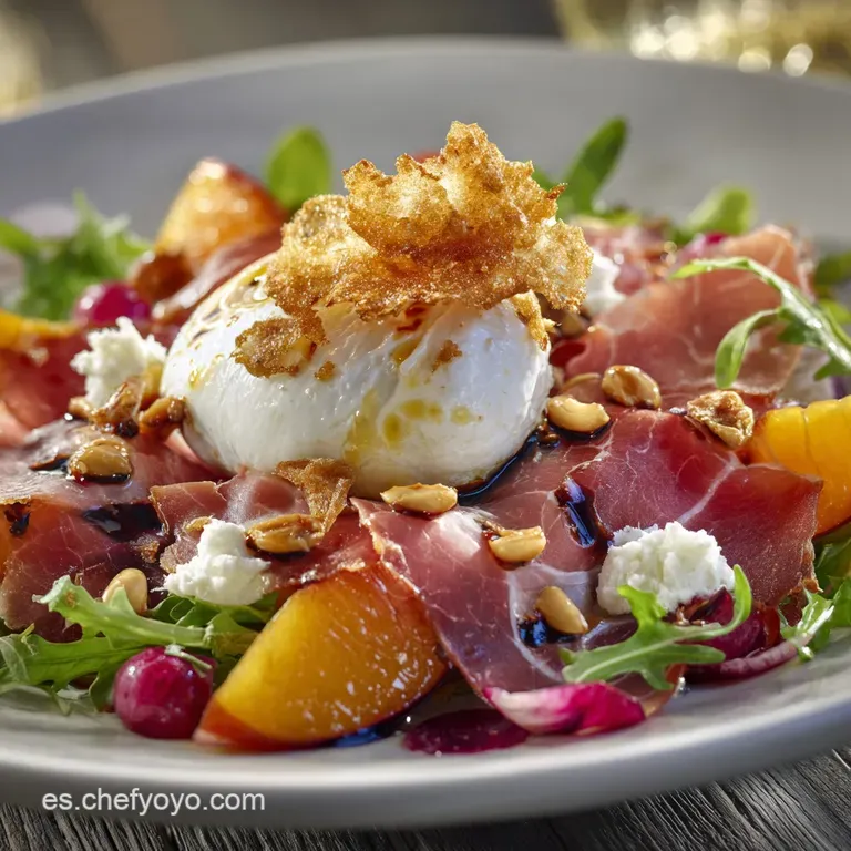 Ensalada De Verano: Melocot&oacute;n Asado Con Burrata Y Jam&oacute;n presentation