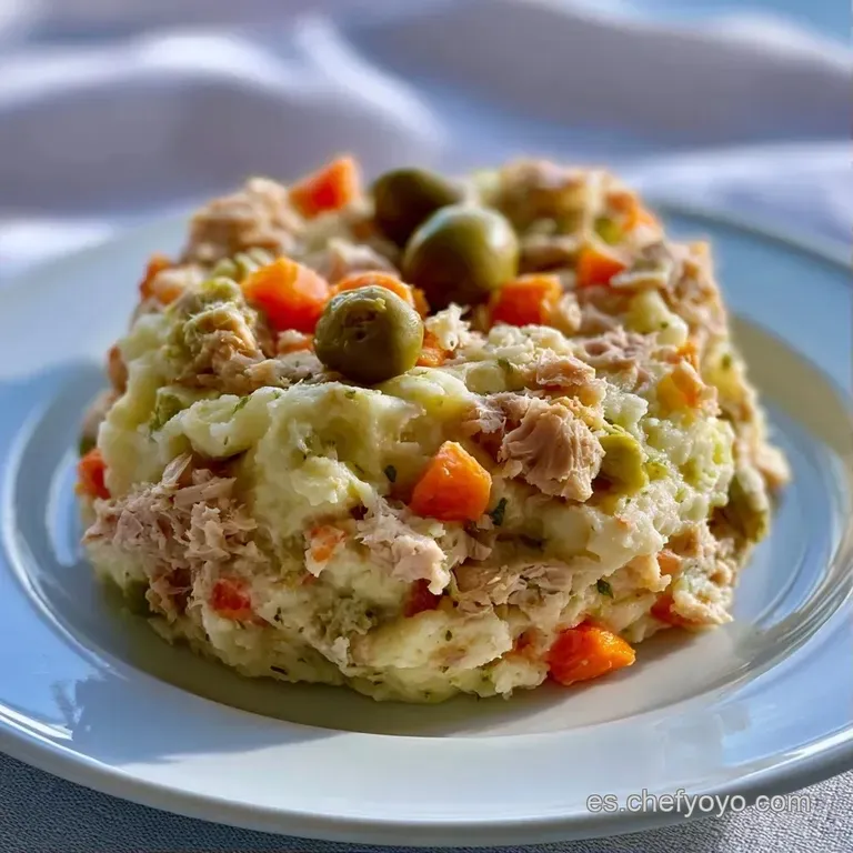 Montículo ovalado de ensalada cremosa decorado con una aceituna verde y perejil fresco sobre un plato de cerámica.