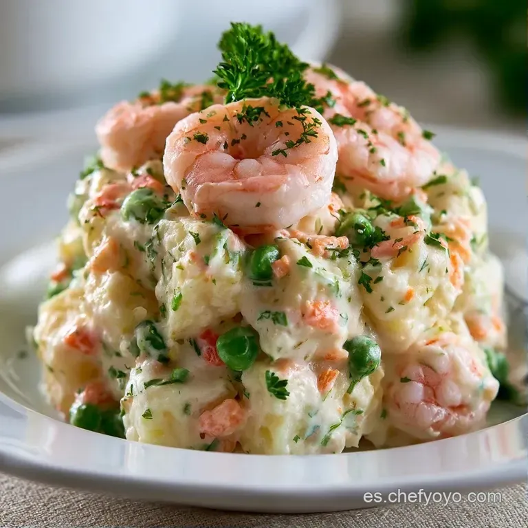 Porción redonda y tersa de crema blanca adornada con un langostino naranja brillante y una hoja de perejil verde.