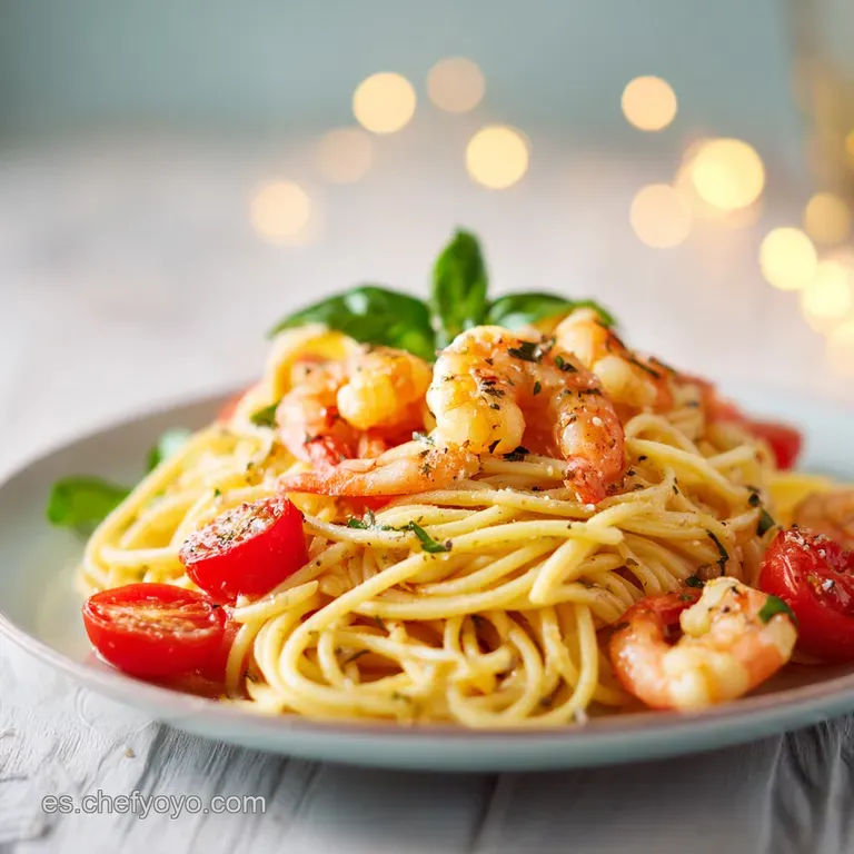 A swirl of creamy pasta and plump shrimp elegantly plated, garnished with a sprinkle of fresh herbs and a hint of pepper.