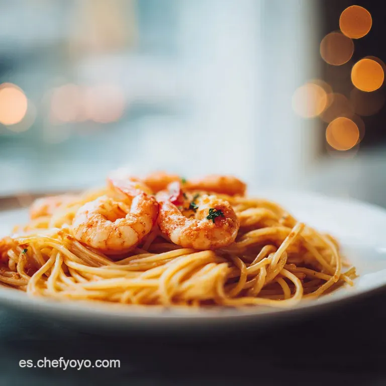 Perfectly twirled spaghetti nests around plump, pink shrimp, drenched in a golden, garlicky sauce, served in a white bowl.