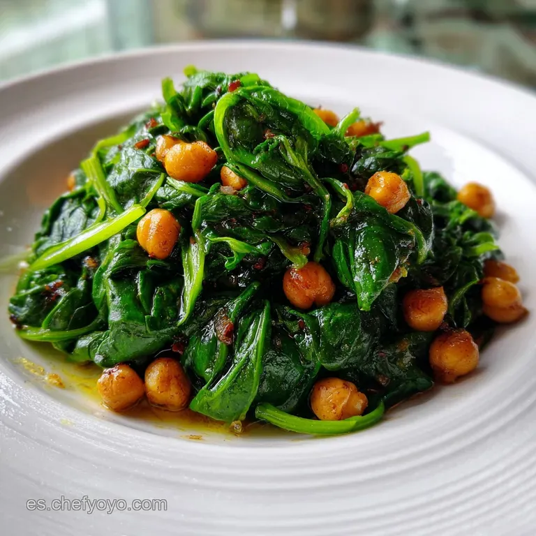 Creamy, vibrant green spinach and chickpeas elegantly plated. Topped with a sprinkle of paprika and a drizzle of olive oil.