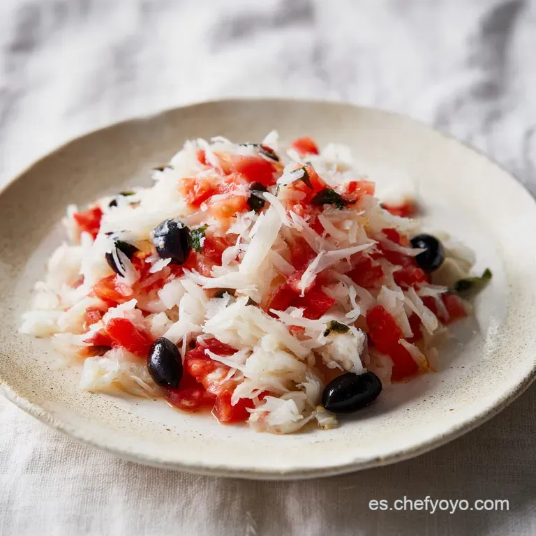 Mont&oacute;n ordenado de pescado blanco y tomate fresco sobre plato cer&aacute;mico, adornado con aceitunas negras y aceite brillante.