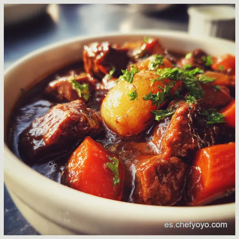 Elegant serving of beef stew with parsley garnish; tender meat glistens in the rich, dark sauce, inviting you to enjoy its...