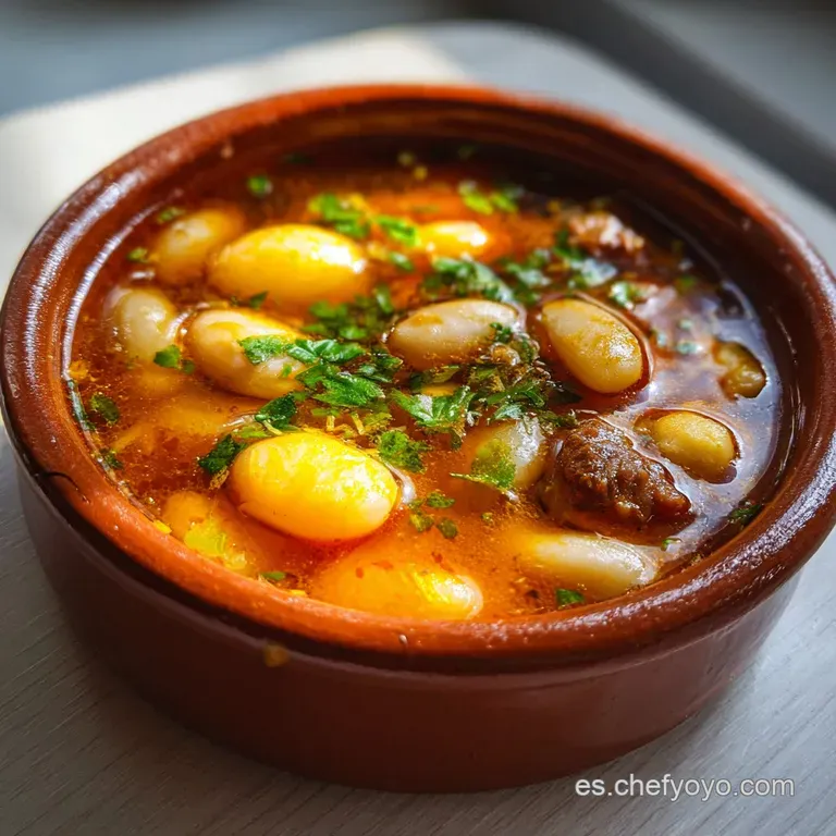 A spoonful of glossy fabada, showcasing creamy white beans and robust cuts of smoked meats. Garnished with parsley for fre...