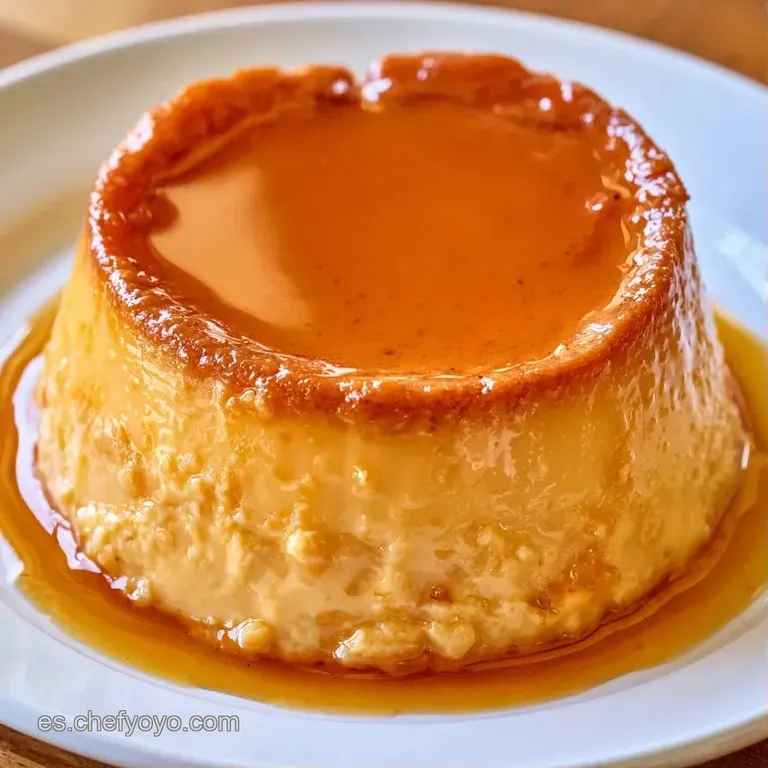 Postre amarillo suave centrado en plato blanco, con sirope dorado espesando y cayendo lentamente por los costados.