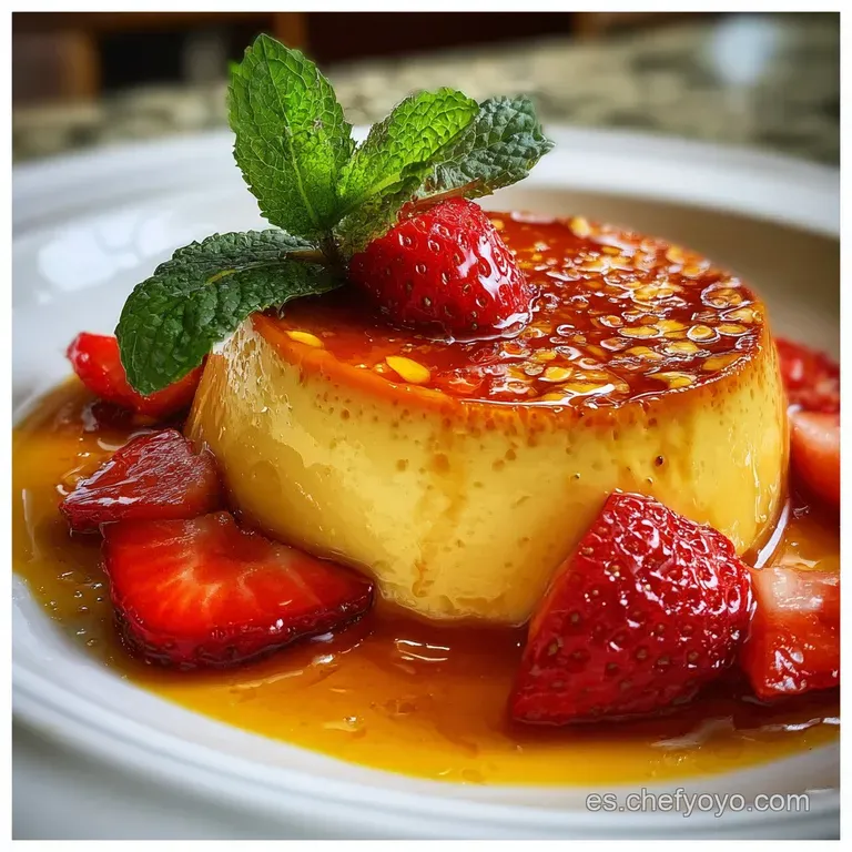 Slice of glistening, rich custard flan on a white plate. Caramel sauce pools around the base, tempting golden color.