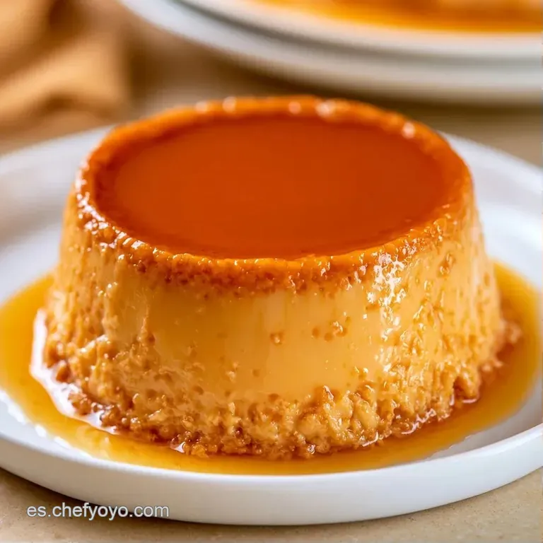 Porción de flan suave y brillante decorada con almendras tostadas y un hilo de sirope ámbar en plato de cerámica.