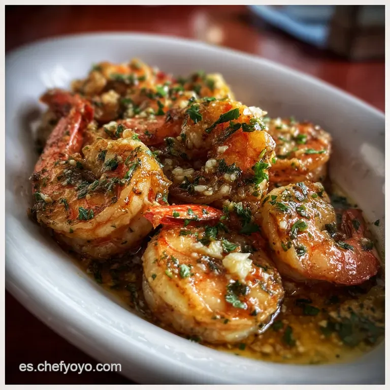 Elegantly plated gambas al ajillo. Plump shrimp bathed in golden garlic oil, speckled with parsley and red pepper. Rustic ...