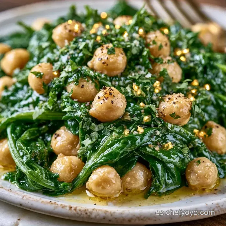 Elegante servicio de garbanzos cremosos y espinacas verdes en plato hondo, decorado con aceite dorado y pimentón rojo