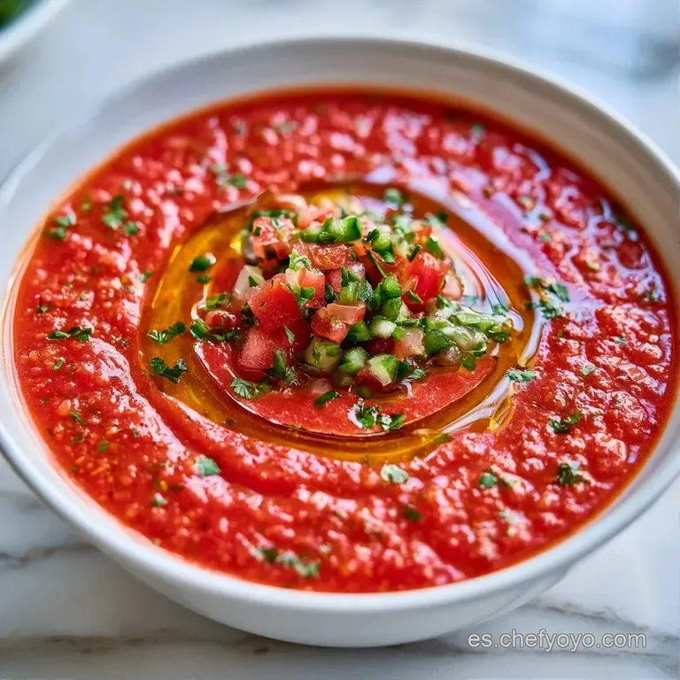Sopa cremosa de color rojo vivo en bol blanco, adornada con dados de pepino fresco y un hilo de aceite de oliva.